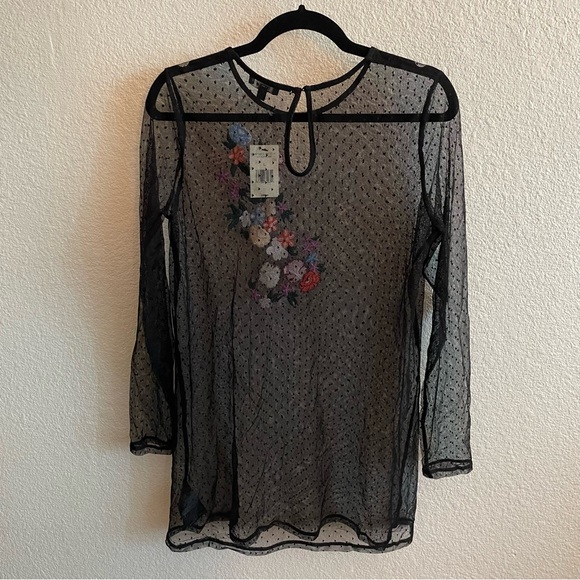 NWT Guess Sheer Cover Up Black Long Sleeve Embroidered Flowers - Picture 3 of 4